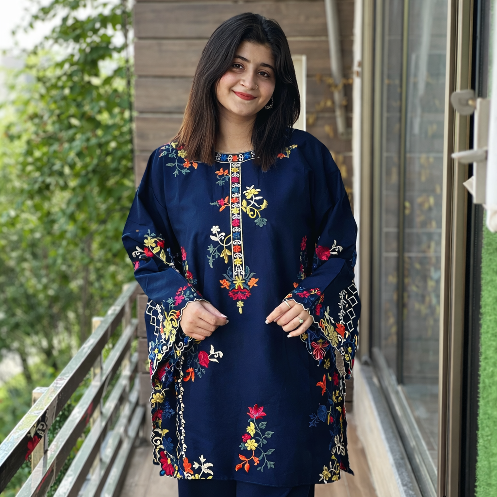 2 Pcs Women's Stitched Linen Embroidered Shirt And Trouser