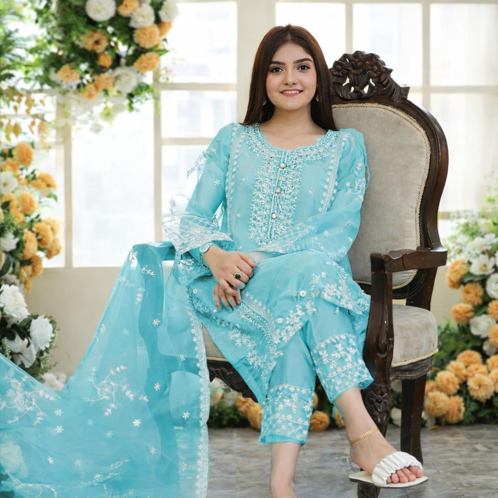 Blue Organza Embroidered 3-Piece Women Suit