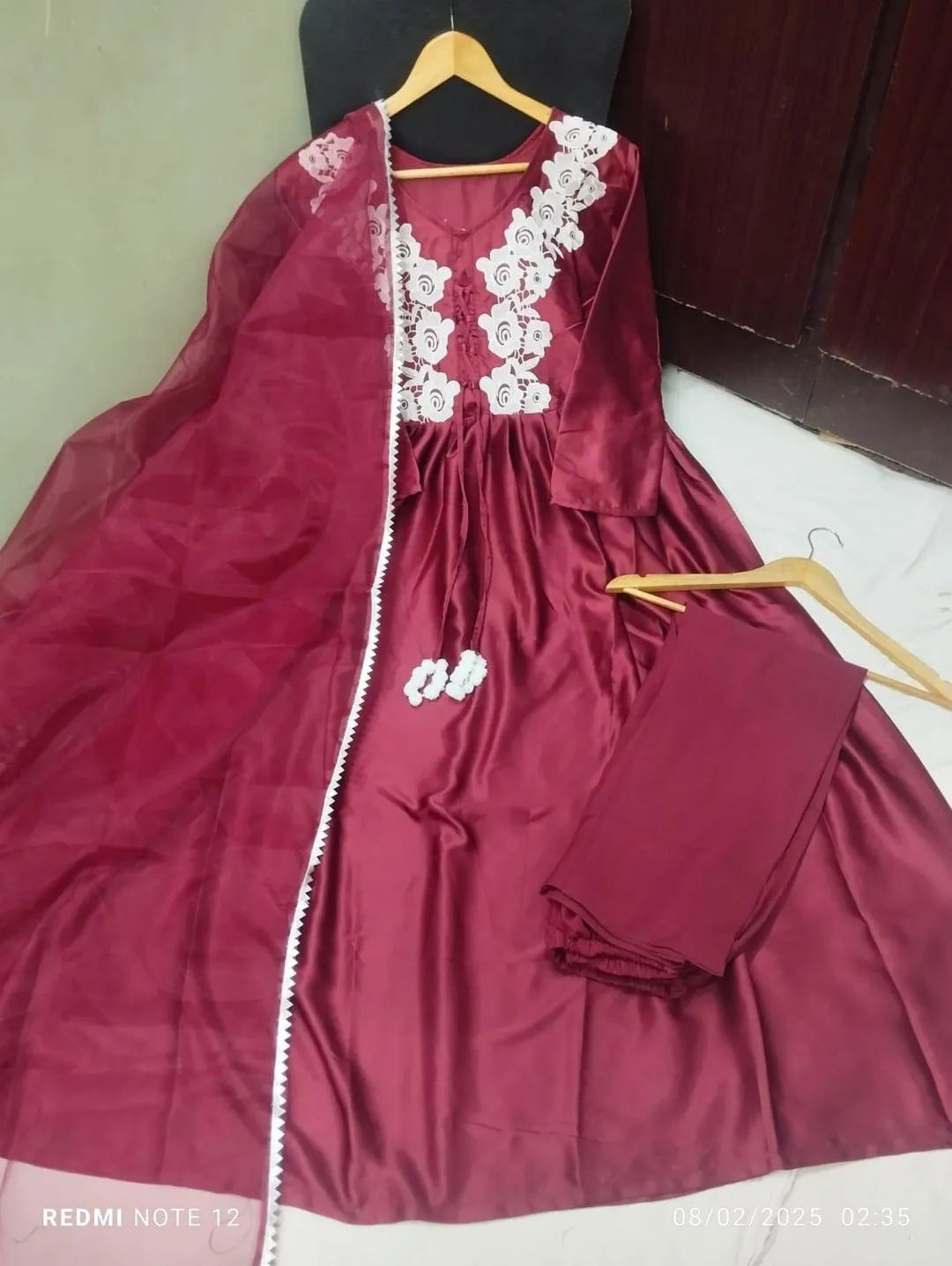 3 Pcs Women's Stitched Silk Lace Work Suit