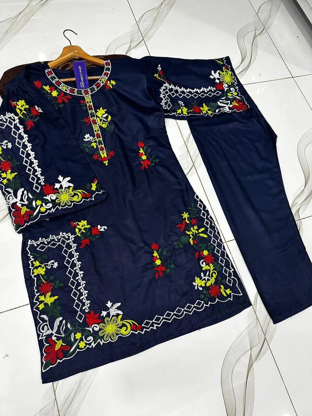 2 Pcs Women's Stitched Linen Embroidered Shirt And Trouser