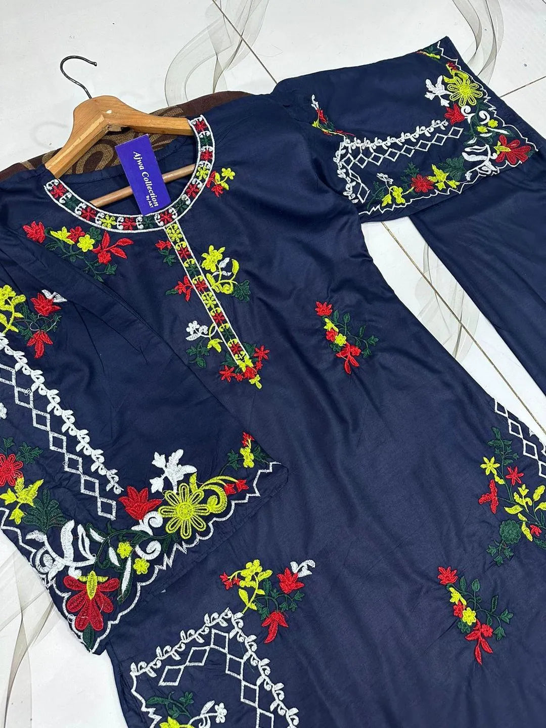 2 Pcs Women's Stitched Linen Embroidered Shirt And Trouser