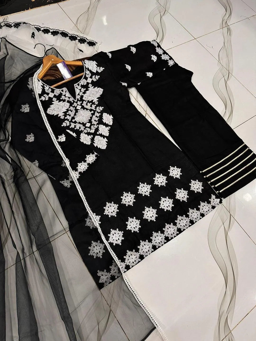 3 Pcs Women's Stitched Cotton Embroidered Suit